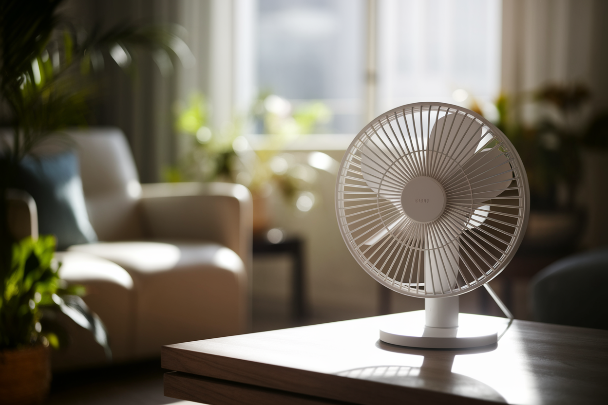 ventilateur-electrique-table-bois-salon-ensoleille