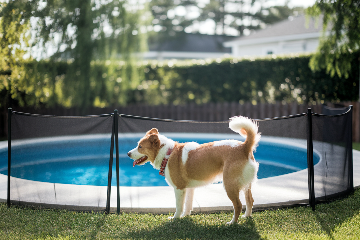 chien-piscine-cloture-verdure